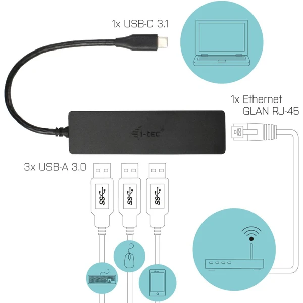 i-tec USB 3.1 Type C SLIM HUB 3 Port With Gigabit Ethernet Adapter - USB huby - Obrázek 01HA000501