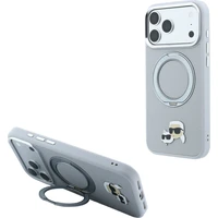 Karl Lagerfeld PU Grained K&CH Heads Ring Stand Magsafe kryt iPhone 18 Pro šedý - Pouzdra