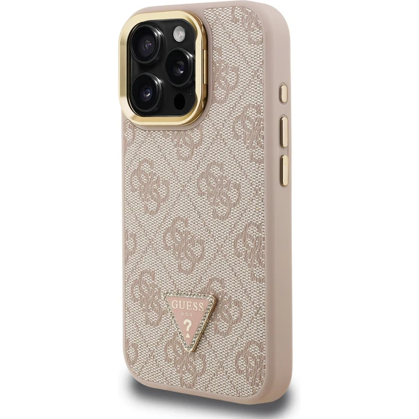 Guess PU 4G Strass Triangle Logo Stand Camera Frame MagSafe kryt iPhone 16 Pro růžový - Pouzdra - Obrázek 046c27d6e6a94a9e9e7ef2985354f61a