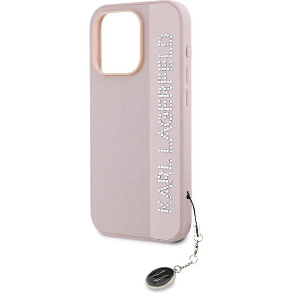 Karl Lagerfeld PU Saffiano Rhinestone Charm zadní kryt iPhone 15 Pro Max růžový - Pouzdra - Obrázek 05N5000J01