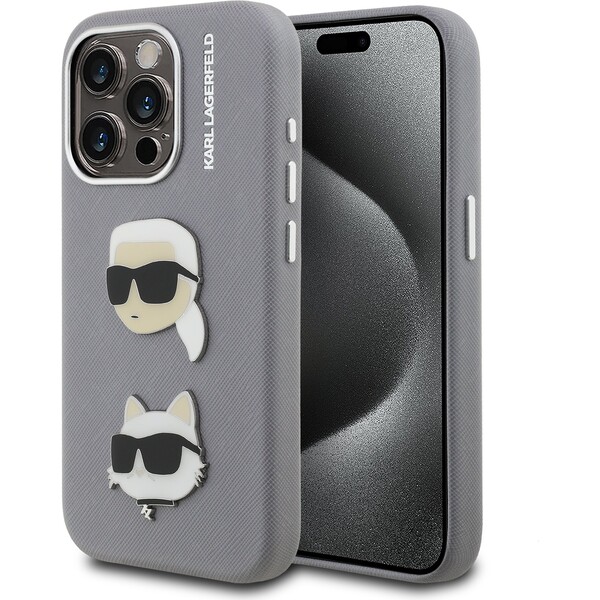 Karl Lagerfeld Grained PU K&CH Heads kryt iPhone 15 Pro Max šedý