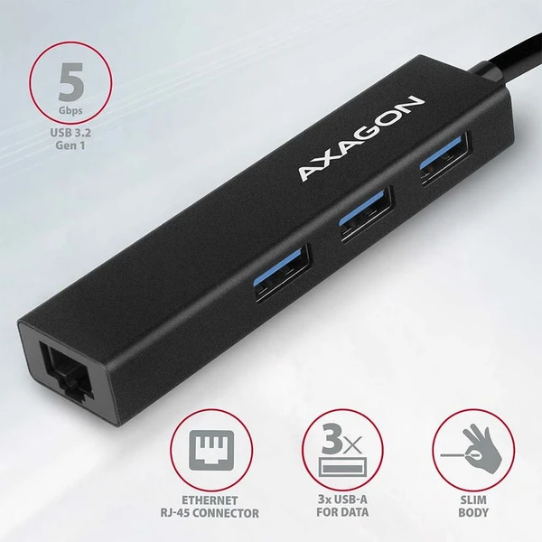 AXAGON HMAGL3A USB 3.2 Gen 1 hub porty 3x USBA + Gigabit Ethernet kovový kabel USBA 20cm - USB huby - Obrázek 087HF00101