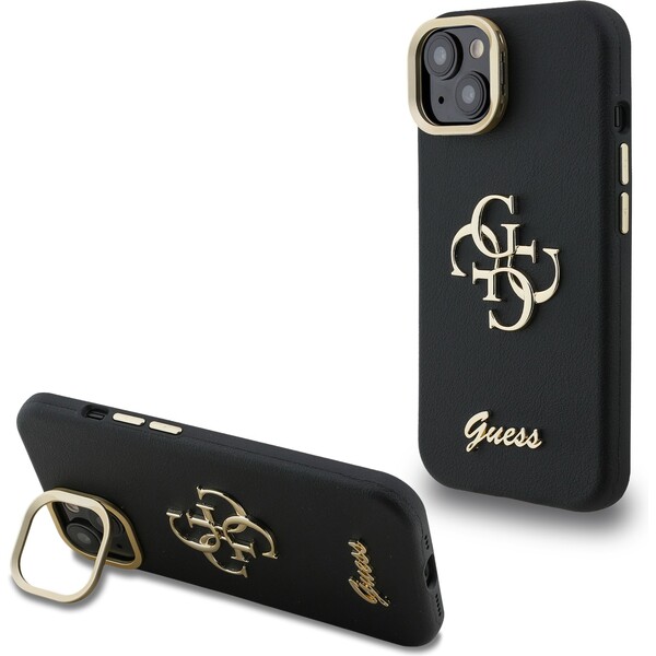 Guess PU Grained 4G Logo Stand Camera Frame kryt iPhone 15 černý