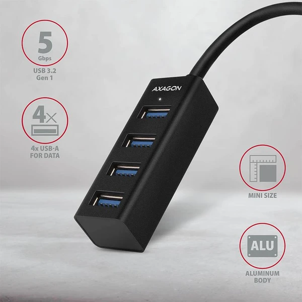 AXAGON HUEM1A 4x USB 3.2 Gen 1 MINI hub kovový kabel USBA 20cm - USB huby - Obrázek 097HF00101