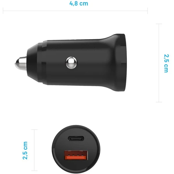 FIXED autonabíječka s USB-C a USB výstupem a podporou PD, 20W černá - Nabíječky - Obrázek 09O2000P01