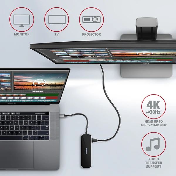 AXAGON USB hub 3x USB-A, HDMI, RJ-45 kabel USB-C - Dokovací stanice - Obrázek 0B13G00101