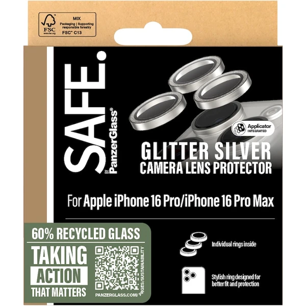 PanzerGlass® SAFE Camera Apple iPhone 16 Pro/15 Pro/16 Pro Max/15 Pro Max třpytivě stříbrné HoOps™ - Ochranné folie a skla - Obrázek 0F08000P01