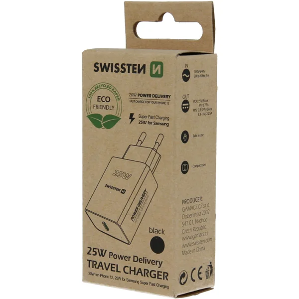 SWISSTEN síťový adaptér PD 25W pro iPhone a Samsung černý (ECO BALENÍ) - Nabíječky - Obrázek 0FW5100501