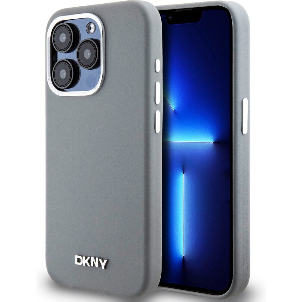 DKNY Liquid Silicone Silver Metal Logo Magsafe kryt iPhone 15 Pro šedý