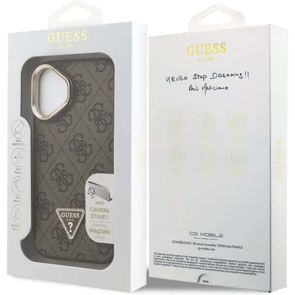 Guess PU 4G Strass Triangle Logo Stand Camera Frame MagSafe kryt iPhone 16 hnědý - Pouzdra - Obrázek 0a5402aba7c3428ca88730755773a091