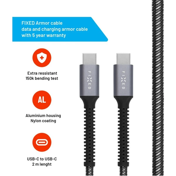 FIXED Armor USB-C/USB-C napájecí kabel 240W 2m šedý - Kabely a redukce - Obrázek 0c498f19e3464a82a87e9ae851ae3398