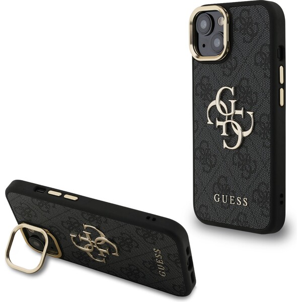 Guess PU 4G Metal Logo Stand Camera Frame kryt iPhone 14 černý
