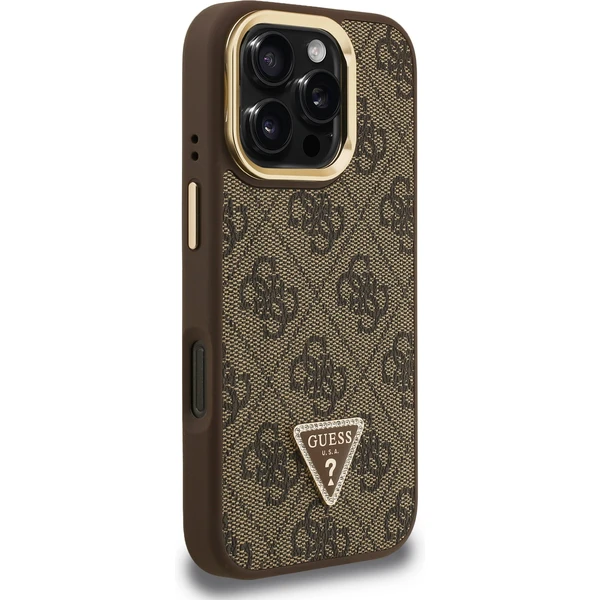 Guess PU 4G Strass Triangle Logo Stand Camera Frame MagSafe kryt iPhone 16 Pro hnědý - Pouzdra - Obrázek 0de45bd11a124a28a677537498d31696