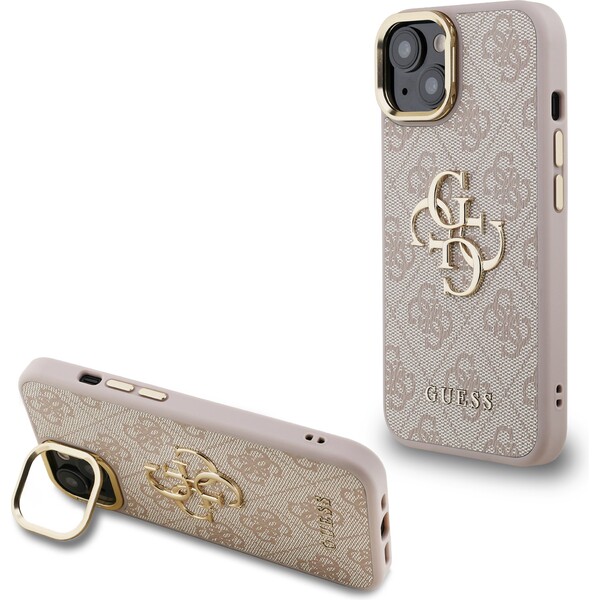 Guess PU 4G Metal Logo Stand Camera Frame kryt iPhone 14 růžový