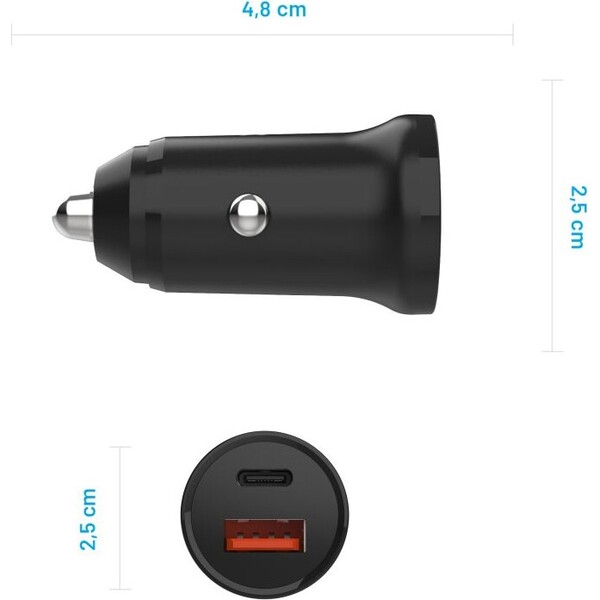 FIXED autonabíječka s USB-C a USB výstupem a podporou PD, 20W černá - Nabíječky - Obrázek 0ed33747490944ea879730d414438323