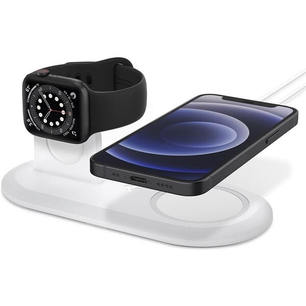 Spigen 2v1 MagFit Duo stojánek pro Apple Watch a iPhone bílý