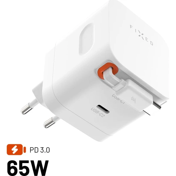 FIXED GaN nabíječka s 2xUSB-C, PD 3.0, se samonavíjecím kabelem, 65W, bílá
