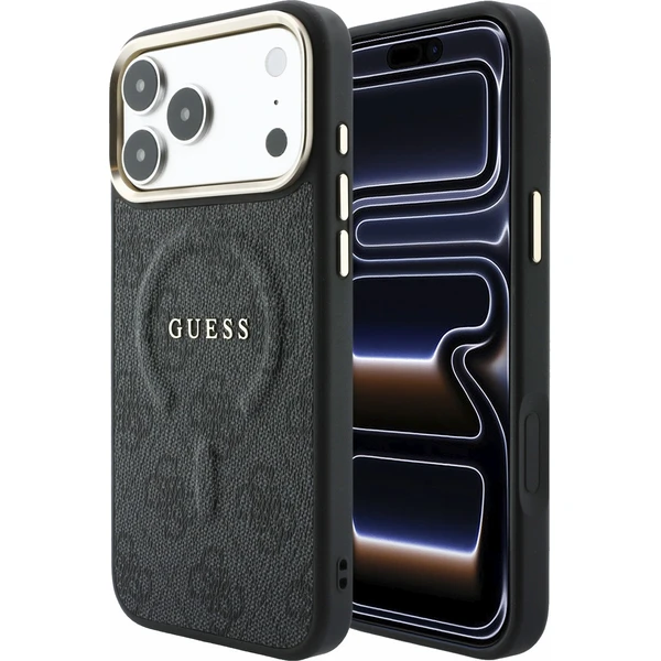 Guess PU Leather 4G Gold Frame Embossed MagSafe kryt iPhone 18 Pro černý