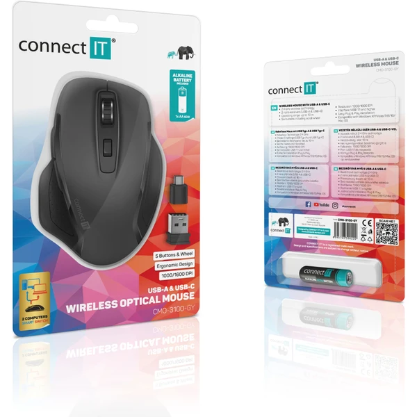 CONNECT IT Dual SmartSwitch bezdrátová myš, USB-A + C (+1x AA baterie zdarma) šedá - Myši - Obrázek 13N0000P01