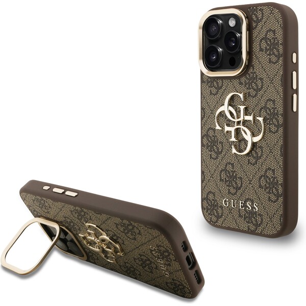 Guess PU 4G Metal Logo Stand Camera Frame kryt iPhone 15 Pro hnědý