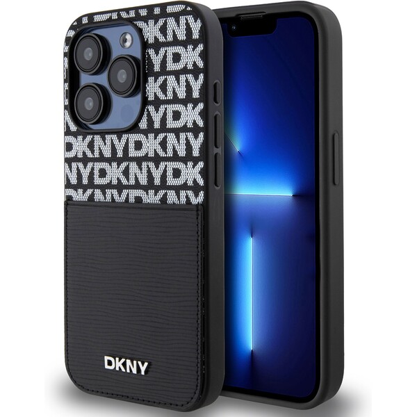 DKNY PU Leather Repeat Pattern Card Pocket kryt iPhone 14 Pro černý