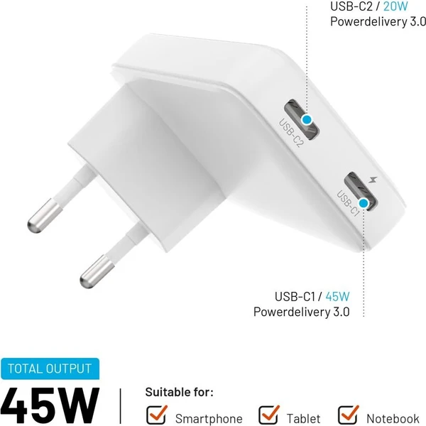 FIXED Slim GaN nabíječka (2x USB-C), PD, 45W, bílá - Nabíječky - Obrázek 175333d489624eaa97daa99c6730b15b