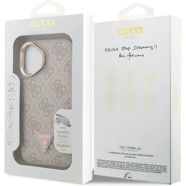 Guess PU 4G Strass Triangle Logo Stand Camera Frame MagSafe kryt iPhone 16 růžový - Pouzdra - Obrázek 1c816ece308c4873a8829a4480b85b48