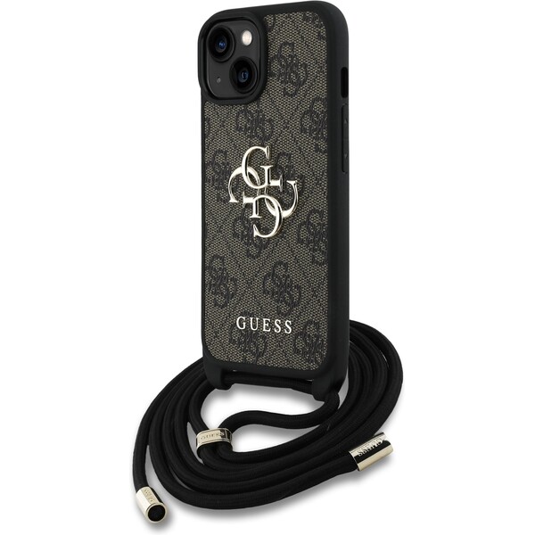 Guess PU 4G Metal Logo Crossbody popruh kryt iPhone 15 hnědý