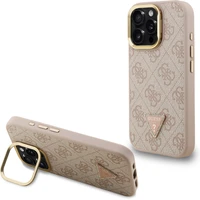 Guess PU 4G Strass Triangle Logo Stand Camera Frame MagSafe kryt iPhone 16 Pro růžový - Pouzdra