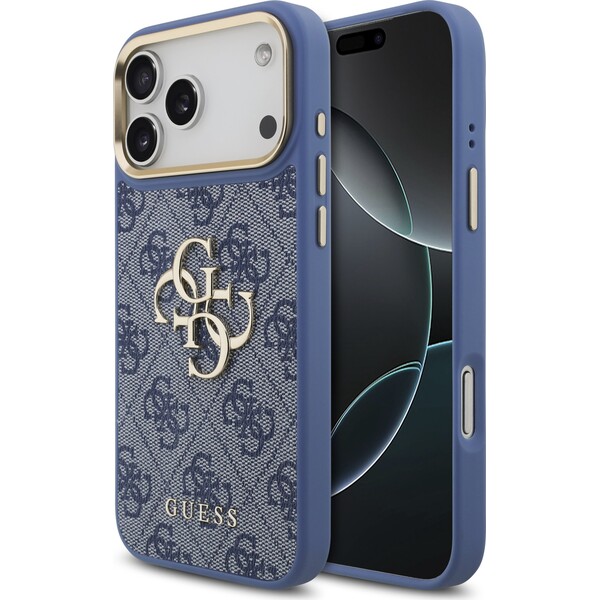 Guess PU Leather 4G Metal Logo Gold Frame kryt iPhone 18 Pro Max modrý