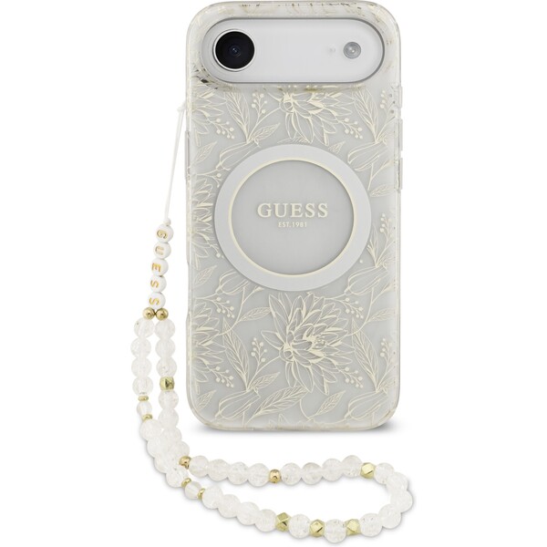 Guess IML Flowers Allover Strap MagSafe kryt iPhone 17 Air bílý