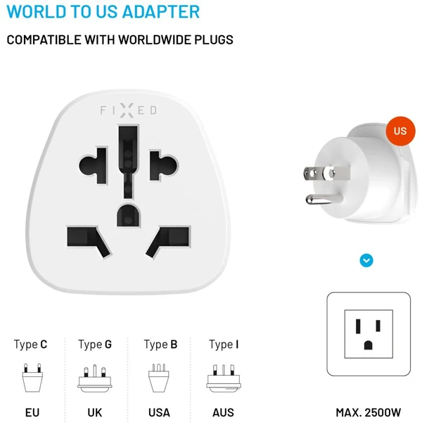 FIXED USA adaptér pro zapojení UK, US, AUS nabíječek do USA zásuvek bílý - Nabíječky - Obrázek 2322ed4f091744759b7b63c992ff80df