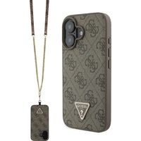 Guess PU 4G Strass Triangle Metal Logo kryt + Crossbody Popruh pro iPhone 16 hnědý - Pouzdra