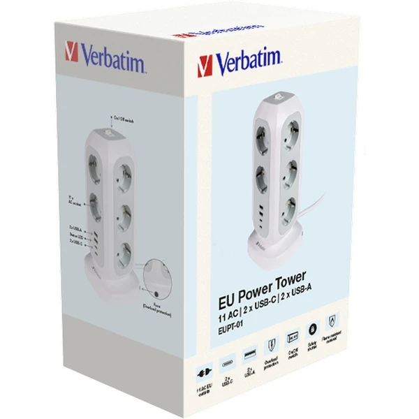 VERBATIM EU Power Tower EUPT-01 Nabíjecí stanice ,11x230V, 2xUSB-C, 2x USB-A - Chytré zásuvky - Obrázek 2353000O01