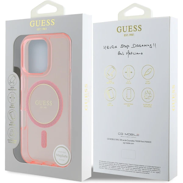 Guess IML Glitter Ring MagSafe kryt pro iPhone 16 Pro růžový - Pouzdra - Obrázek 249295a49db24ed69025ad79ccb1d193