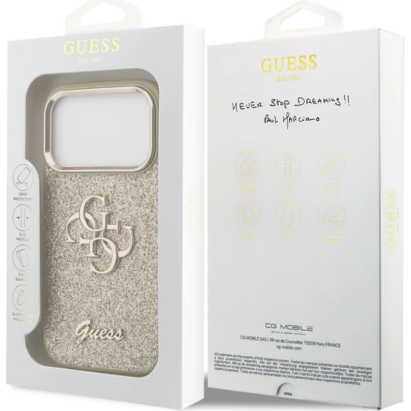 Guess PU Fixed Glitter 4G Metal Frame kryt iPhone 17 Pro zlatý - Pouzdra - Obrázek 256e959dd85d45028bd90484a529f6a5