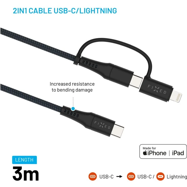 FIXED 2v1 napájecí kabel 60W 3m černý - Kabely a redukce - Obrázek 25c31614b1a5464fa529f8e8a36c04a9