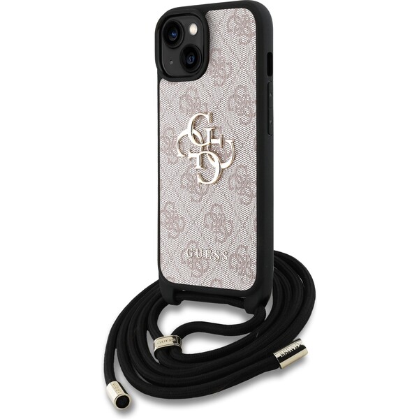 Guess PU 4G Metal Logo Crossbody popruh kryt iPhone 15 růžový