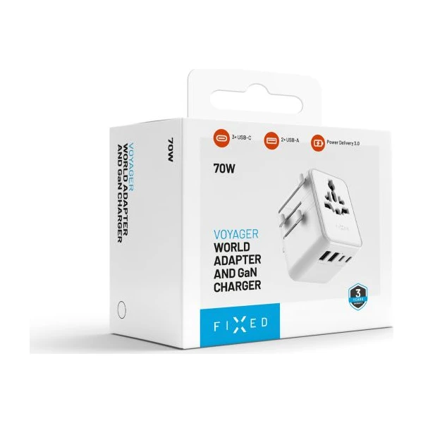 FIXED Voyager (70W) cestovní adaptér pro EU/UK/USA/AUS, 3xUSB-C a 2xUSB, GaN, PD bílý - Nabíječky - Obrázek 26084fd7765d47dbb91738dead595eaa