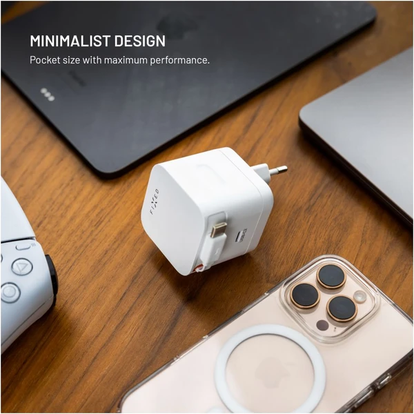 FIXED GaN nabíječka s 2xUSB-C, PD 3.0, se samonavíjecím kabelem, 65W, bílá - Nabíječky - Obrázek 26af81f40528475a9e28a43aa34b4b84
