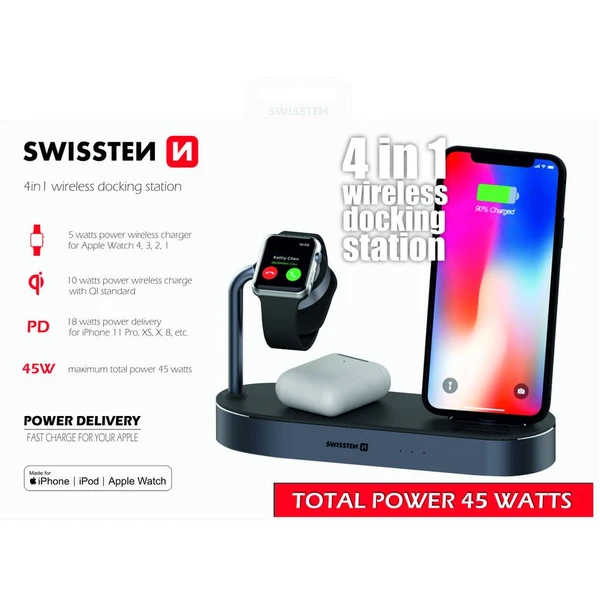 SWISSTEN 4v1 bezdrátová nabíječka Qi USB Lightning Mfi 45W černá - Nabíječky - Obrázek 29ON400301