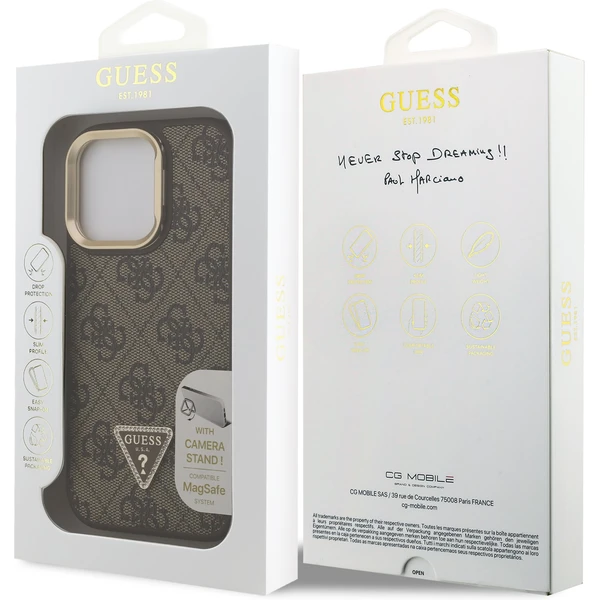 Guess PU 4G Strass Triangle Logo Stand Camera Frame MagSafe kryt iPhone 16 Pro hnědý - Pouzdra - Obrázek 29ac06abe0334707a56c25be5985ca4d
