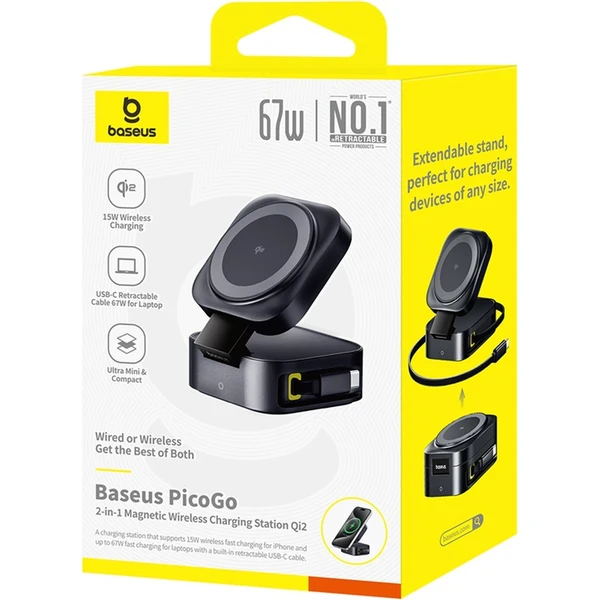 Baseus PicoGo Series magnetický bezdrátový nabíjecí stojánek 2v1 Qi2 67W černý - Nabíječky - Obrázek 2HGE000L01