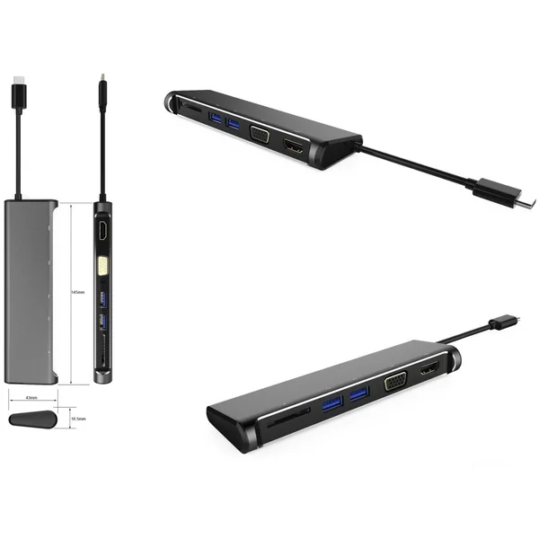 PremiumCord Převodník USB 3.1 typ -C na 4K HDMI+1080p VGA+SD Card+2xUSB3.0 černý   - Dokovací stanice - Obrázek 2SE0000401
