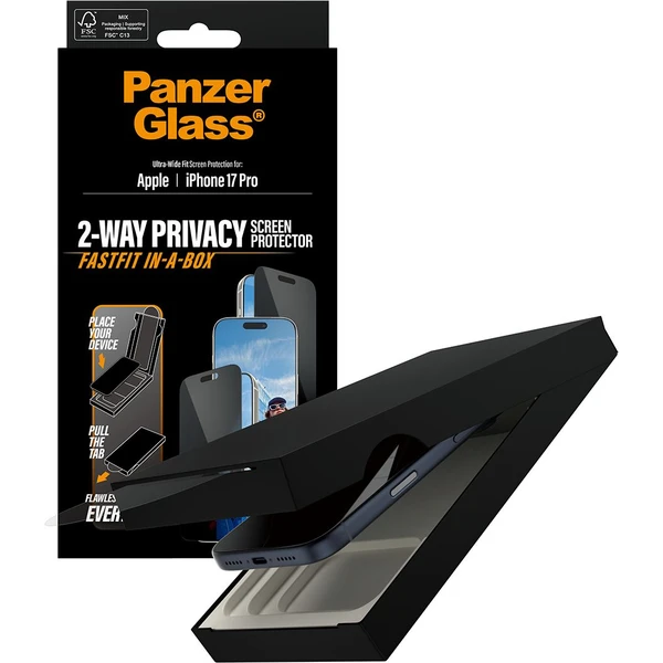 PanzerGlass® Privacy sklo Apple iPhone 17 Pro s bezprašným aplikačním boxem - Ochranné folie a skla - Obrázek 30KH000K01