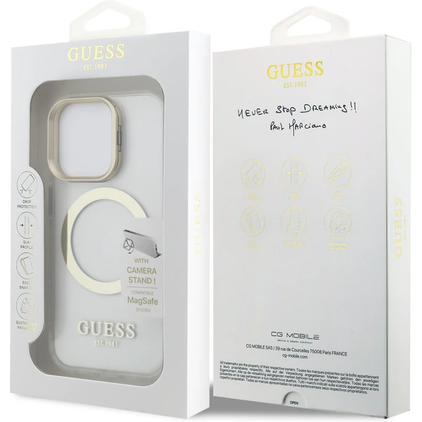 Guess IML Gold Outline Stand Camera Frame MagSafe kryt iPhone 15 Pro čirý - Pouzdra - Obrázek 3350ae3118ae4e568ea5f6985b397065