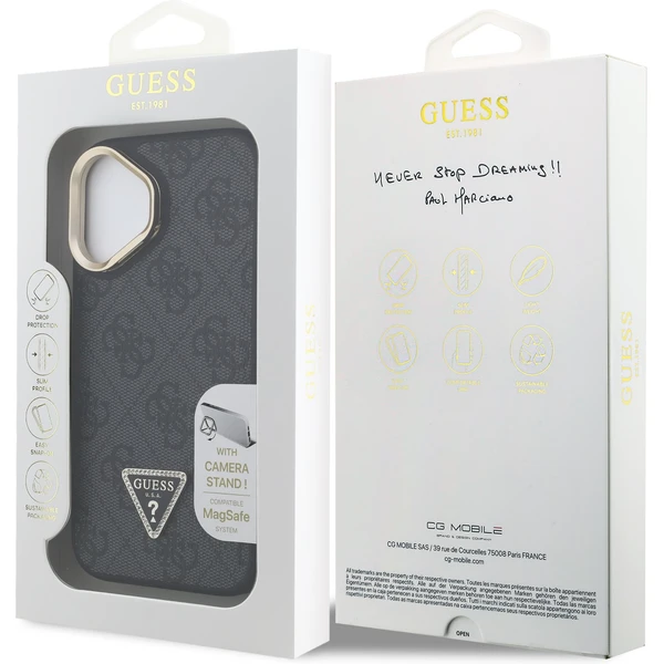 Guess PU 4G Strass Triangle Logo Stand Camera Frame MagSafe kryt iPhone 16 černý - Pouzdra - Obrázek 34ae02529ebc49b590a51520b108833e