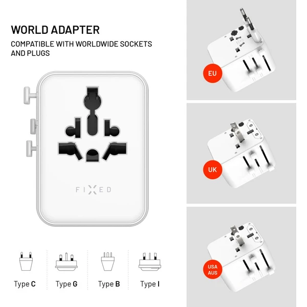 FIXED Voyager (70W) cestovní adaptér pro EU/UK/USA/AUS, 3xUSB-C a 2xUSB, GaN, PD bílý - Nabíječky - Obrázek 37da4ed02441415daeaf84a6961321a3