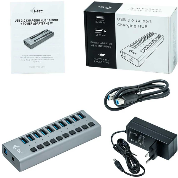 i-tec USB 3.0 Charging HUB 10 Port + Power Adaptér 48 W stříbr - USB huby - Obrázek 385U200301