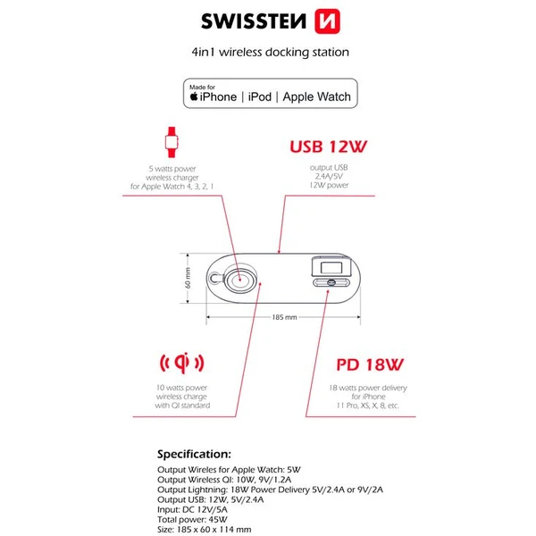 SWISSTEN 4v1 bezdrátová nabíječka Qi USB Lightning Mfi 45W černá - Nabíječky - Obrázek 39ON400301